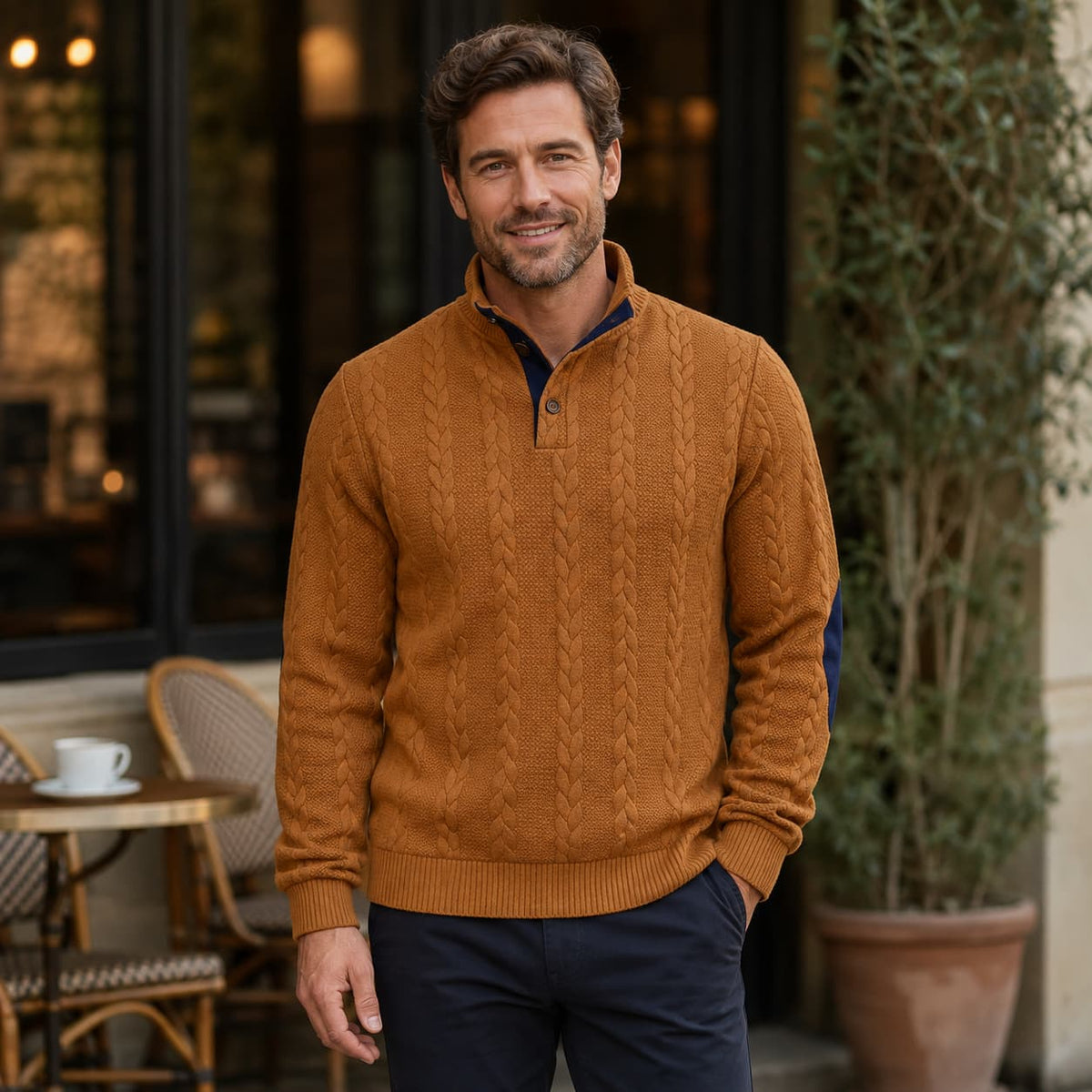 Men’s Cable Knit Button Mock Neck Sweater