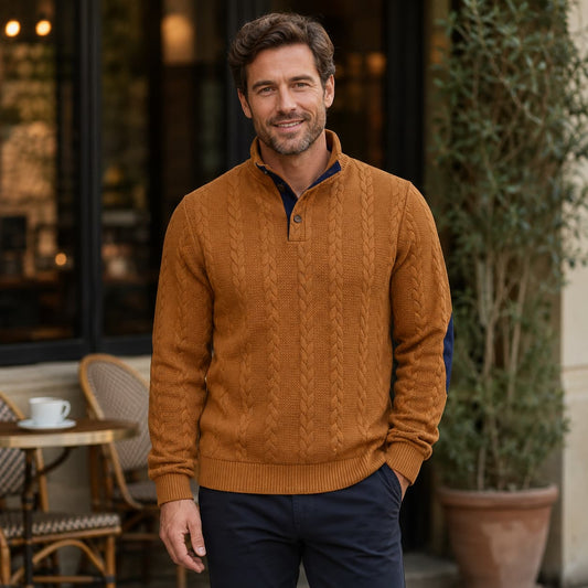Men’s Cable Knit Button Mock Neck Sweater