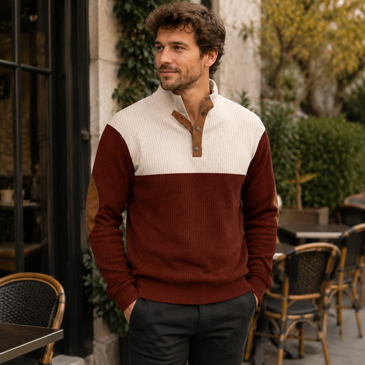 Men’s Colorblock Button Mock Neck Sweater