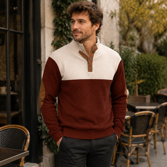 Men’s Colorblock Button Mock Neck Sweater